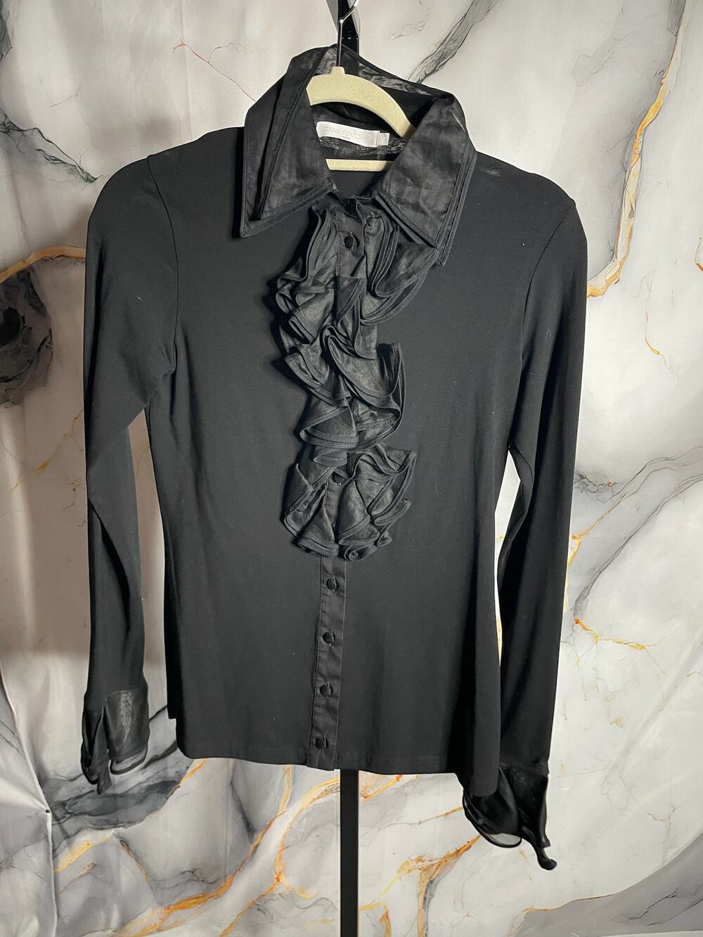 Anne Fontaine Patsy Shirt Black Ruffle Classic Collar Button Closure Top Sz.0-2